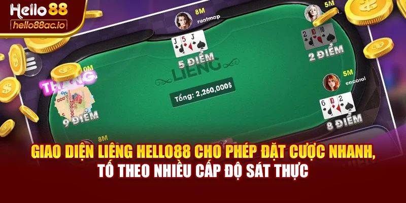 Giao diện Liêng Hello88 cho phép đặt cược nhanh, tố theo nhiều cấp độ sát thực